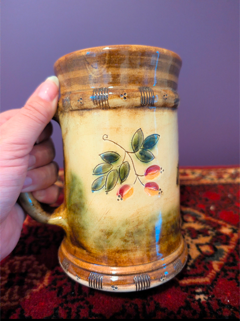 Vintage keramieken pul met handgeschilderd botanisch motief - jaren 70
