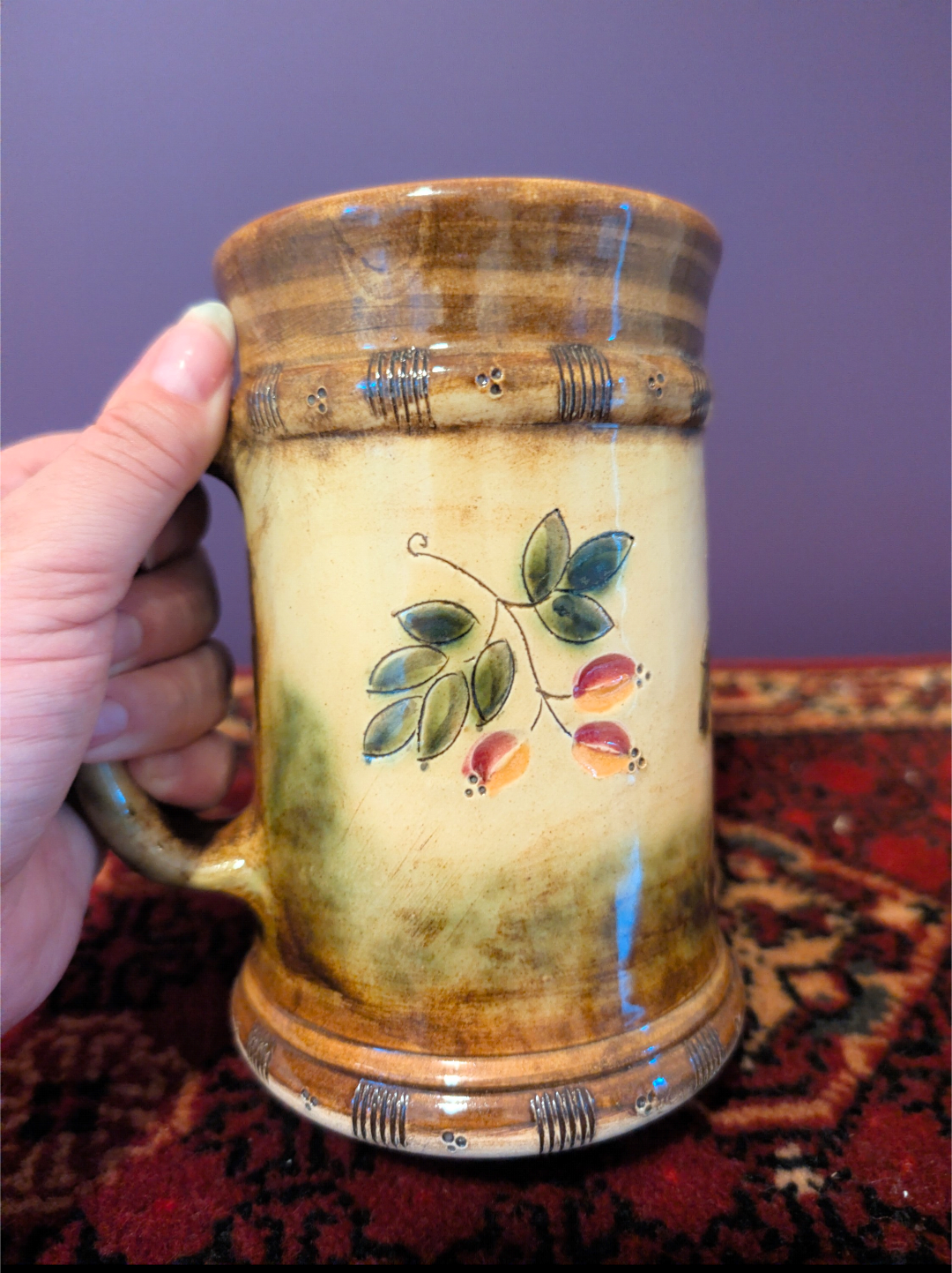 Vintage keramieken pul met handgeschilderd botanisch motief - jaren 70