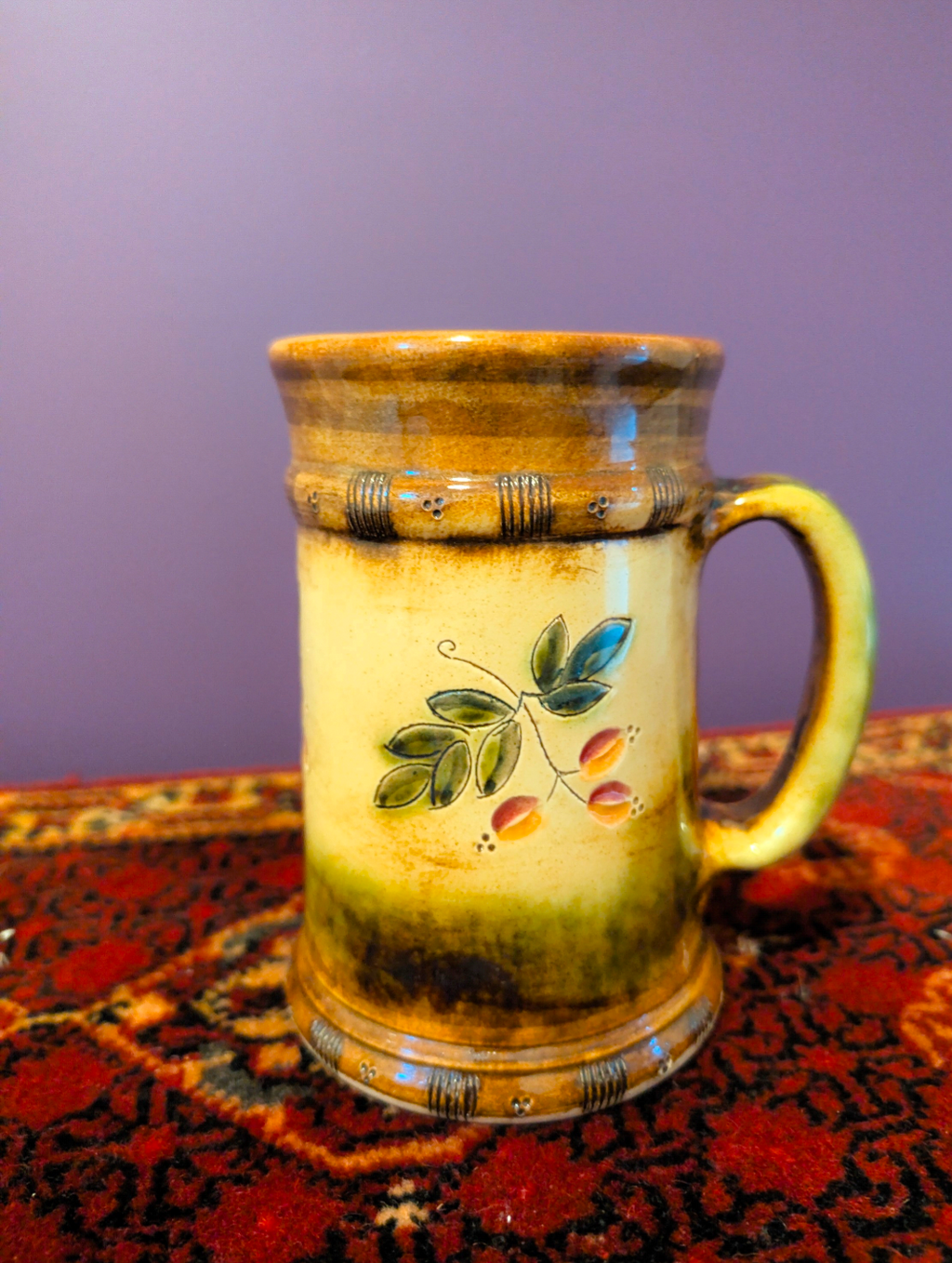 Vintage keramieken pul met handgeschilderd botanisch motief - jaren 70