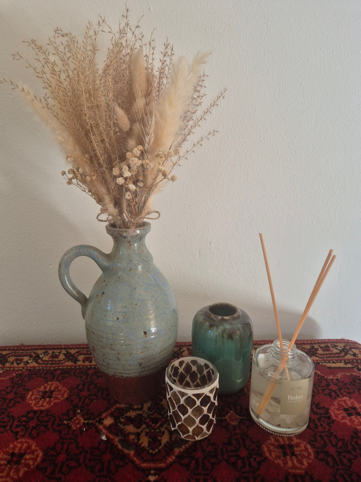 Vintage Handgemaakte Keramische Kruik – Celadon Blauw & Terracotta – Studio Pottery Japandi Stijl