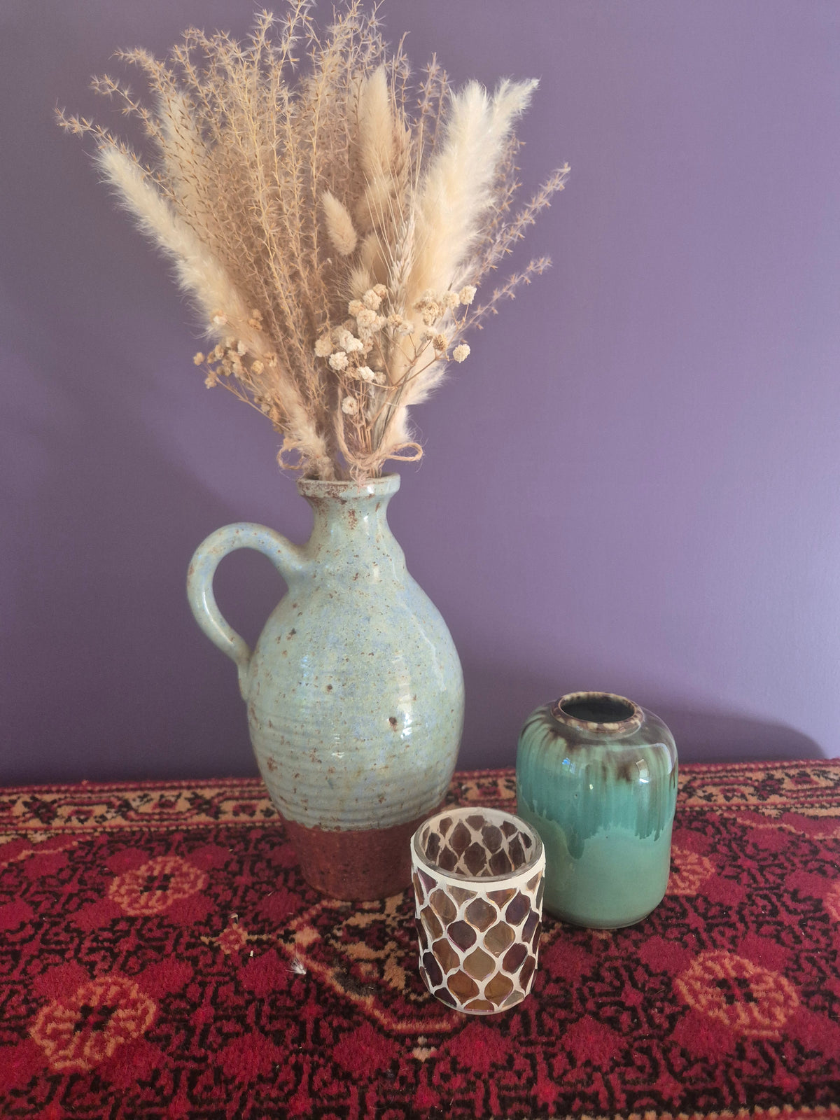 Vintage Handgemaakte Keramische Kruik – Celadon Blauw & Terracotta – Studio Pottery Japandi Stijl