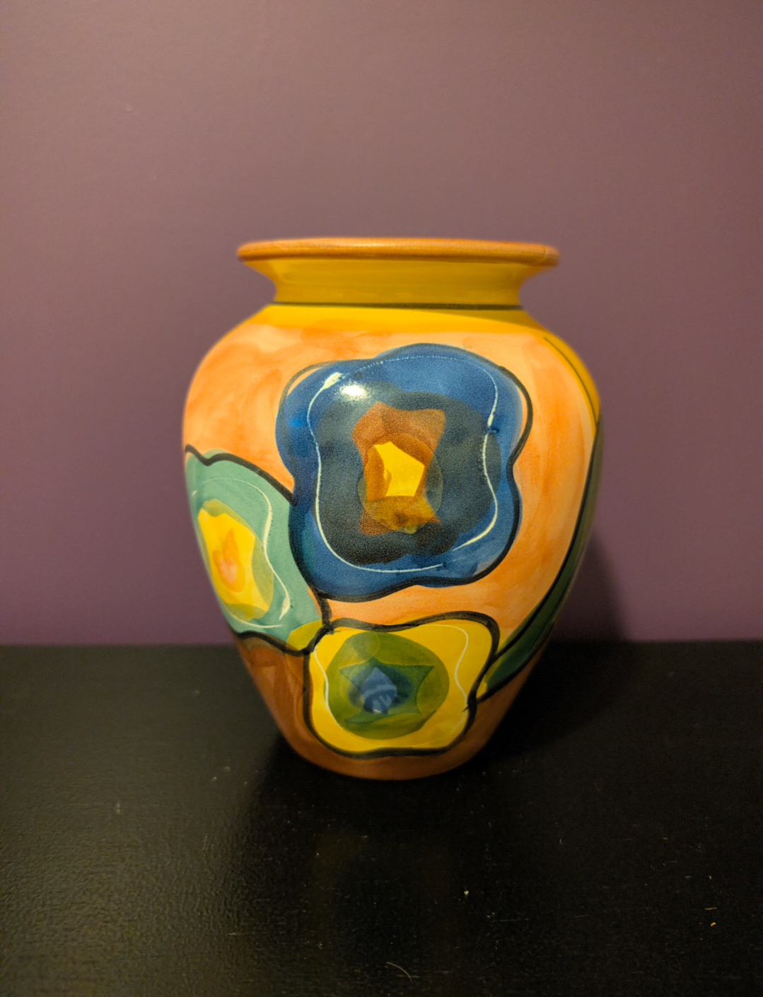 Vintage handbeschilderde keramische design vaas - abstract bloemenmotief- jaren '70