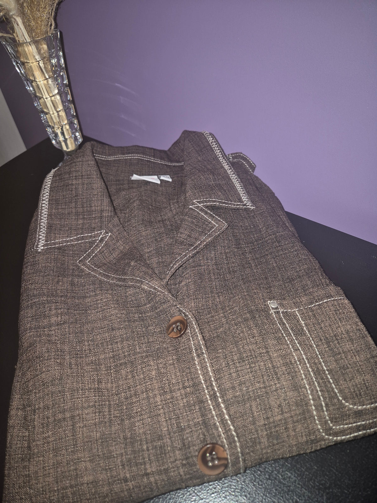 Vintage Oscar B 70s Bruine Top met Contrasterende Stiksels & Camp Collar