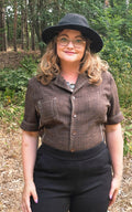 Vintage Oscar B 70s Bruine Top met Contrasterende Stiksels & Camp Collar